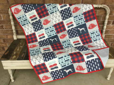 Navy and Red Buffalo Plaid Firetuck Baby Quilt