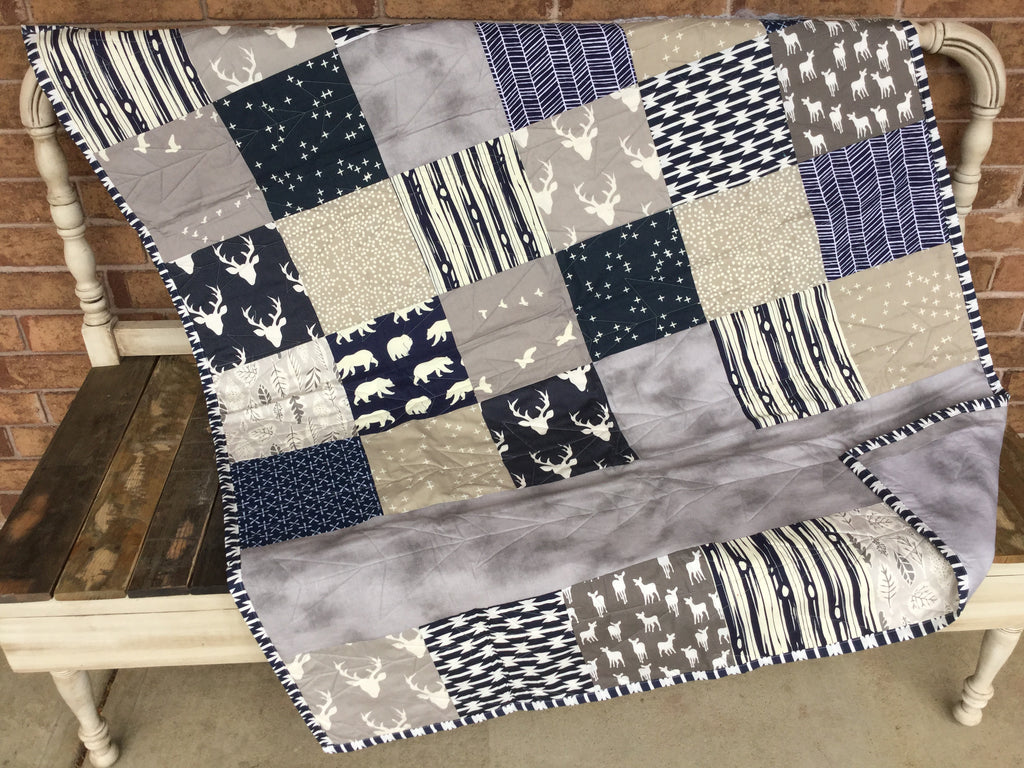 Forest Buck in Mist and Navy Baby Quilt