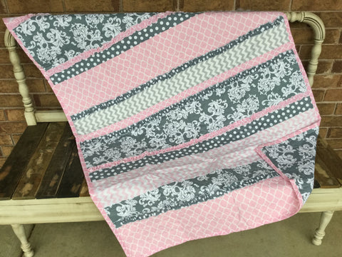 Gray and White Scroll and Pink Baby Quilt