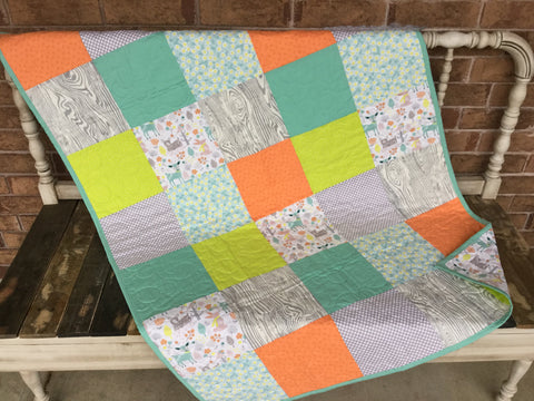 Woodland Lime, Teal and Tangerine Baby Quilt