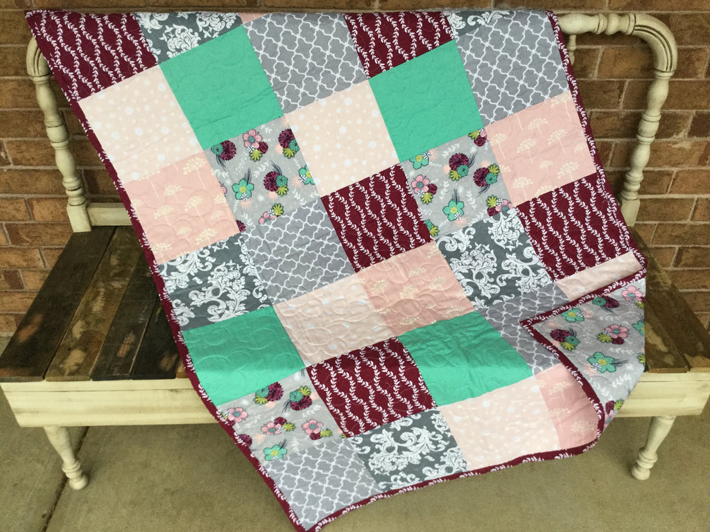 Gray, Teal, and Burgandy Floral Baby Quilt