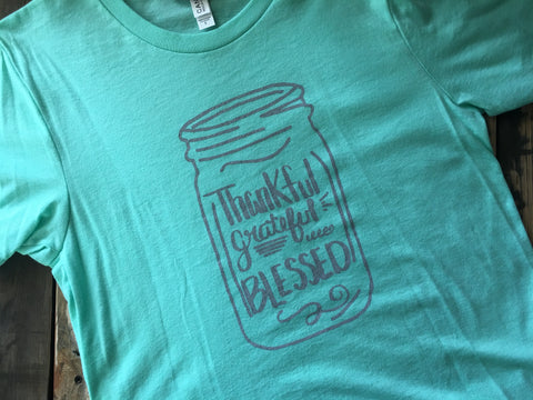 Thankful, Greatful, Blessed Mason Jar Mint Crew Neck Adult T-Shirt