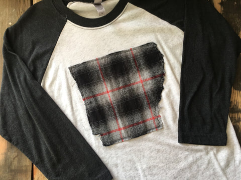 Raggy Arkansas Flannel Plaid Black White Adult Raglan T-shirt