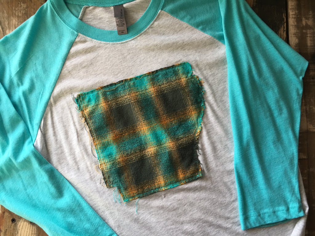 Raggy Arkansas Flannel Plaid Turquoise White Adult Raglan T-shirt