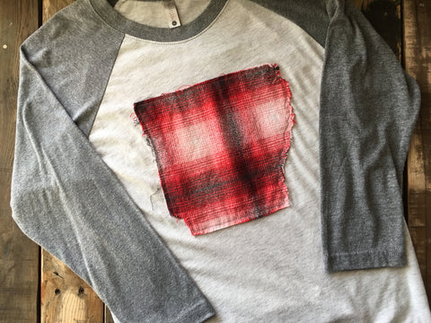 Raggy Arkansas Flannel Plaid Gray White Adult Raglan T-shirt