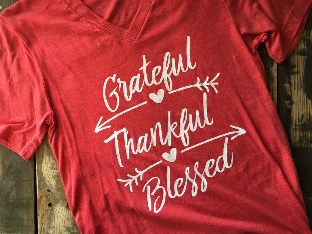 Grateful, Thankful, Blessed Short Sleeved V-Neck Adult T-Shirt