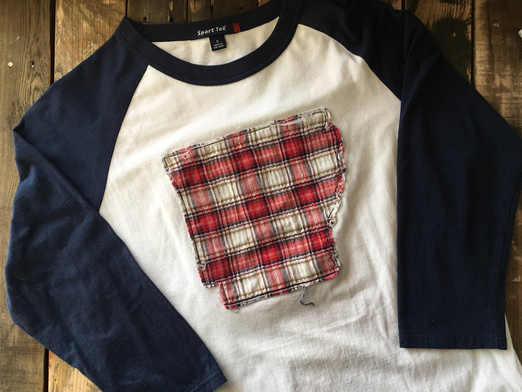 Raggy Arkansas Plaid Navy White Adult Raglan T-shirt