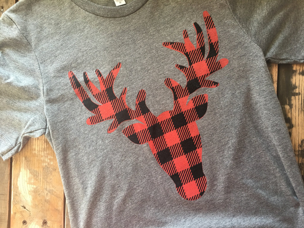 Buffalo Plaid Deer Gray Crew Neck Adult T-Shirt