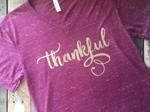 Thankful Marbled Maroon Short Sleeved V-Neck T-Shirt