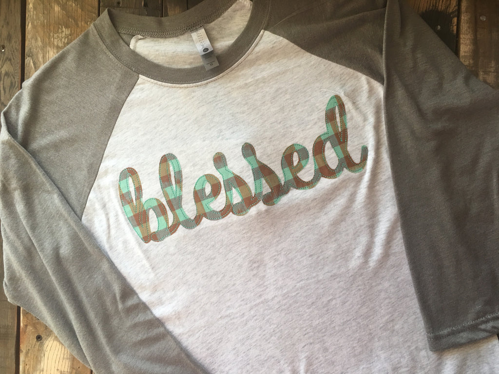 Raggy Blessed Plaid Venetian Gray White Adult Raglan T-shirt