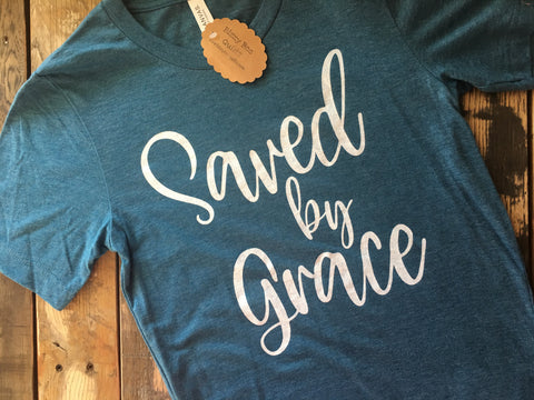 Saved by Grace Heathered Deep Teal Crew Neck T-Shirt