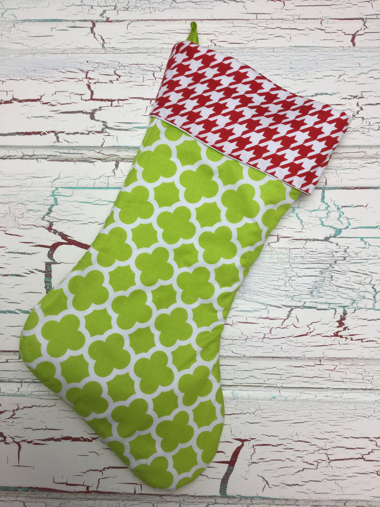 Christmas Stocking Red Houndstooth/Lime Quatrefoil - Bizzy Bee Quilts