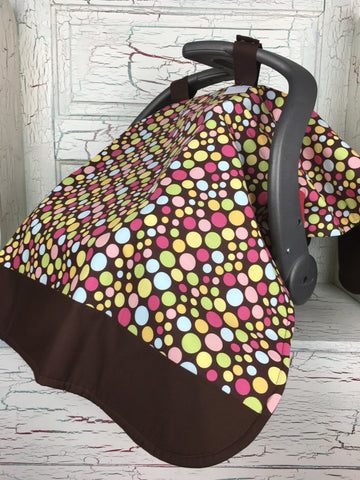 Pink, Yellow, Green, and Blue Dots on Brown Carseat Tent