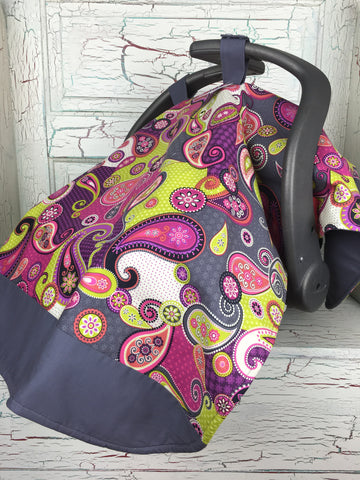 Pink, Lime, Purple, and Gray Paisley Carseat Tent