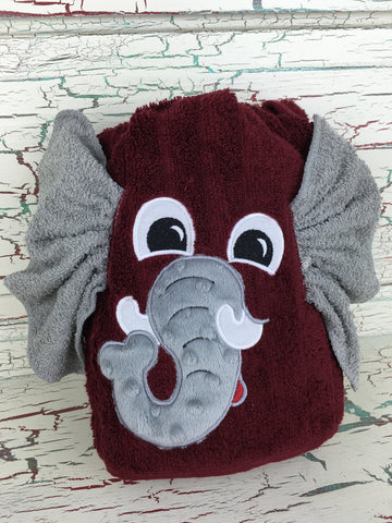 Hooded Bath Towel Elephant Burgandy