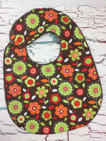 Red, Orange, and Lime Flowers on Brown Bib