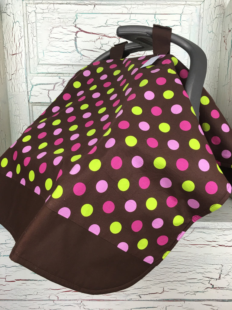 Pink and Lime Dots on Brown Carseat Tent