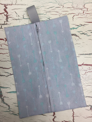 Gray and Spa Blue Arrow Diaper/Wipee Case