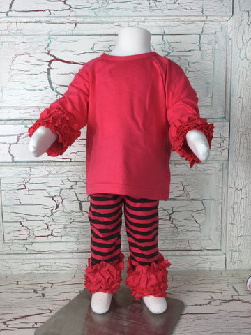 Coral/Brown Ruffled Striped Raglan Set