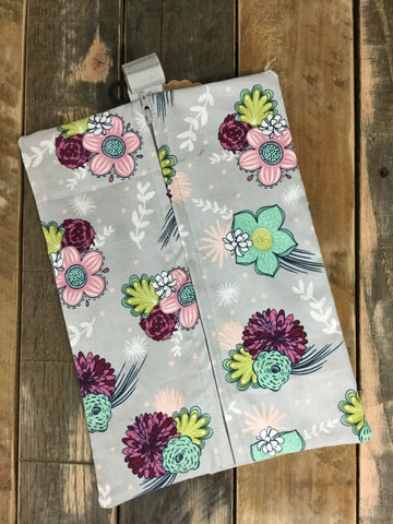 Gray, Teal and Burgandy Floral Diaper/Wipee Case