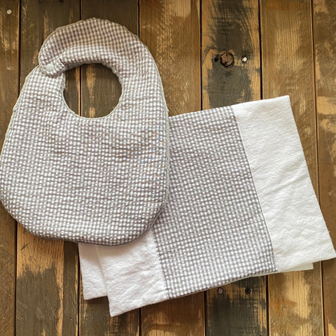 Gray and White Gingham Seersucker Bib and Burp Cloth Set